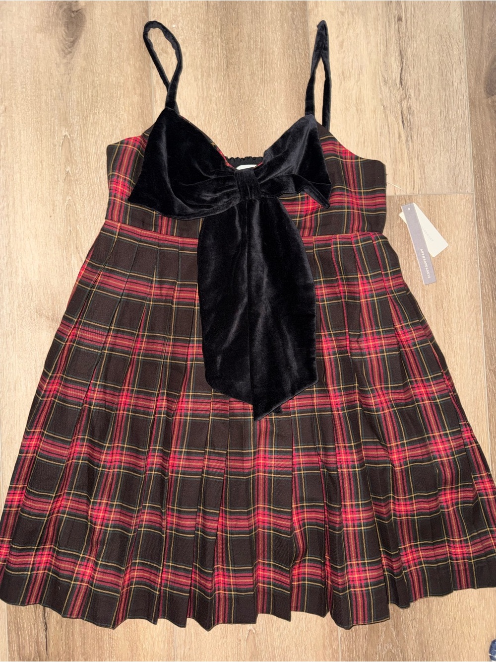NWT Saylor Jesse Red Black Holiday Christmas Pleated Plaid Velvet Bow Dress S